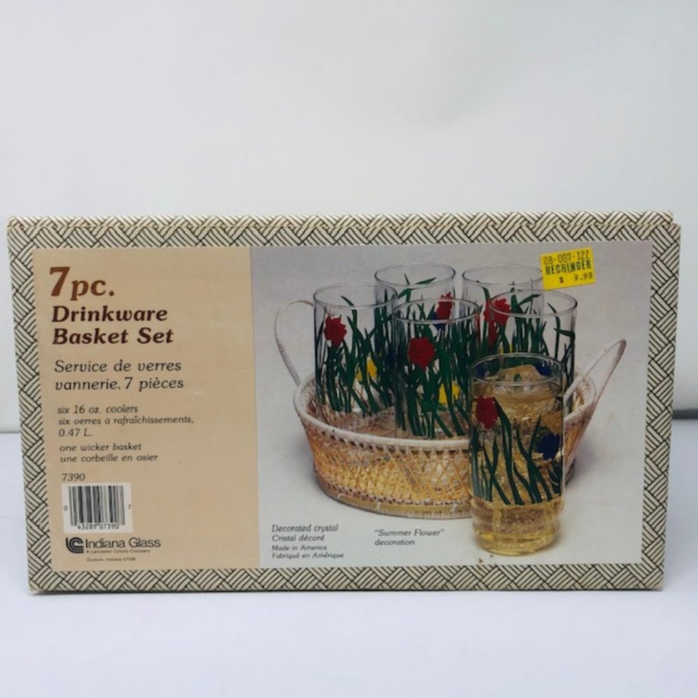 Vintage New Old Stock 6 -- 16 ounce Glass Tumblers with Wicker Basket Holder